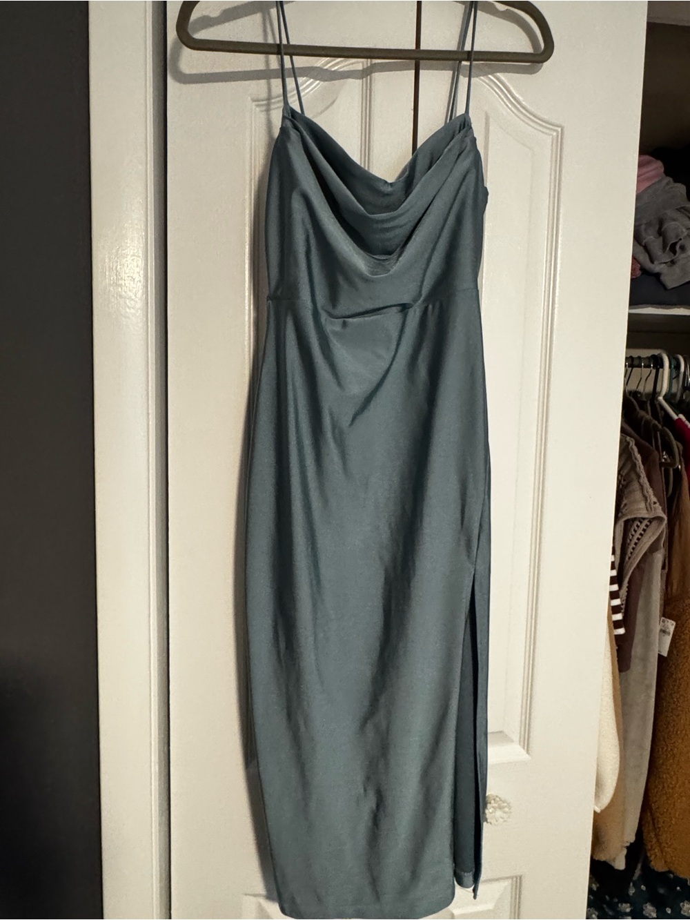 Windsor Slate Blue Satin Cowl Midi Dress